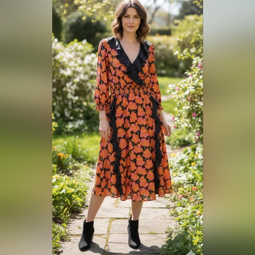 {Montage By Mosaic} 1980s Vintage Orange Black Floral Polka Dot Ruffled Dress